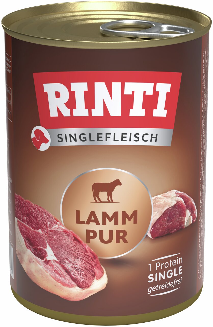 RINTI Singlefleisch Lamm Pur, Hundefutter, mit Lammgeschmack, 1 Protein, getreidefrei, 400 g Dose.