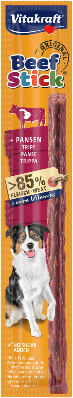 Vitakraft Beef Stick Original, Hundesnack, Pansen-Geschmack, 85 % Fleisch, Vitamine, ohne Zuckerzusatz, Farb--Konservierungsstoffe.