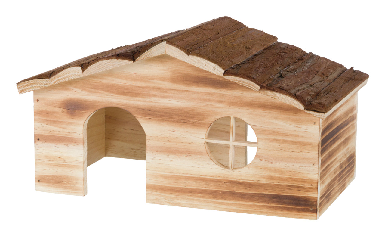 Das Bild zeigt das TRIXIE Naturhaus Jesper, ein Holzhaus für Kleintiere wie Hamster oder Mäuse. Es besteht aus unbehandeltem Holz, hat ein gewölbtes Dach mit Rindenabdeckung, eine runde Fensteröffnung und einen Eingang. Ideal als Rückzugsort und Schlafpla