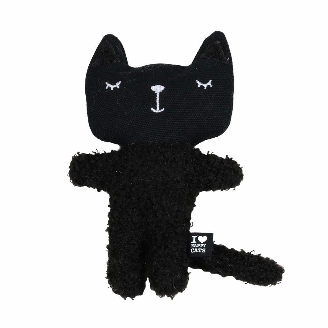 Ein schwarzes Katzenspielzeug der Marke D&D in Form einer stilisierten Katze mit geschlossenen Augen. Es ist aus weichem Material gefertigt und eignet sich für Katzen aller Altersgruppen. Das Spielzeug trägt ein Etikett mit der Aufschrift „I ? Happy Cats“