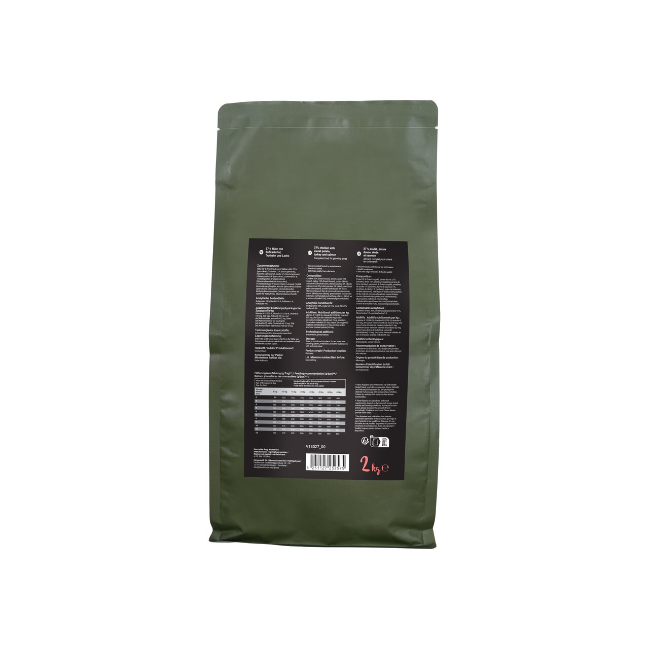 Grüne Verpackung von Lottis Häppchen Trockenfutter, 2 kg, für Hunde. Zielgruppe: Hunde, genaue Geschmacksrichtung unleserlich.