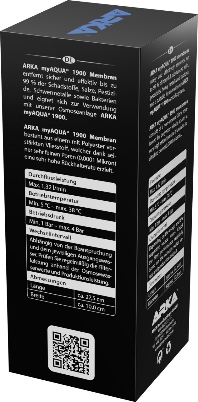 ARKA myAQUA 1900 Membran für Umkehrosmoseanlage, entfernt Schadstoffe, Salze und Bakterien, max. 1,32 l-min.