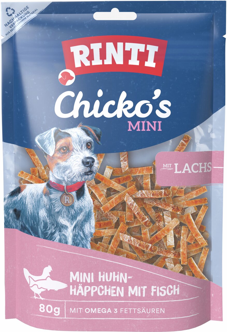RINTI Chicko’s Mini, Hundefutter, Lachs, Omega-3, nachhaltig, 80 g, Mini-Häppchen aus Huhn & Fisch.