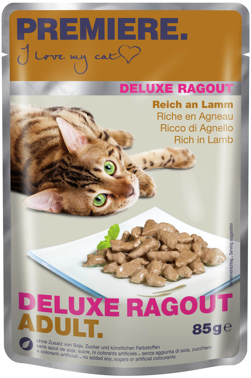 PREMIERE Deluxe Ragout Adult, für ausgewachsene Katzen, Lamm, ohne Soja-Zucker-künstl. Farbstoffe, 85 g.