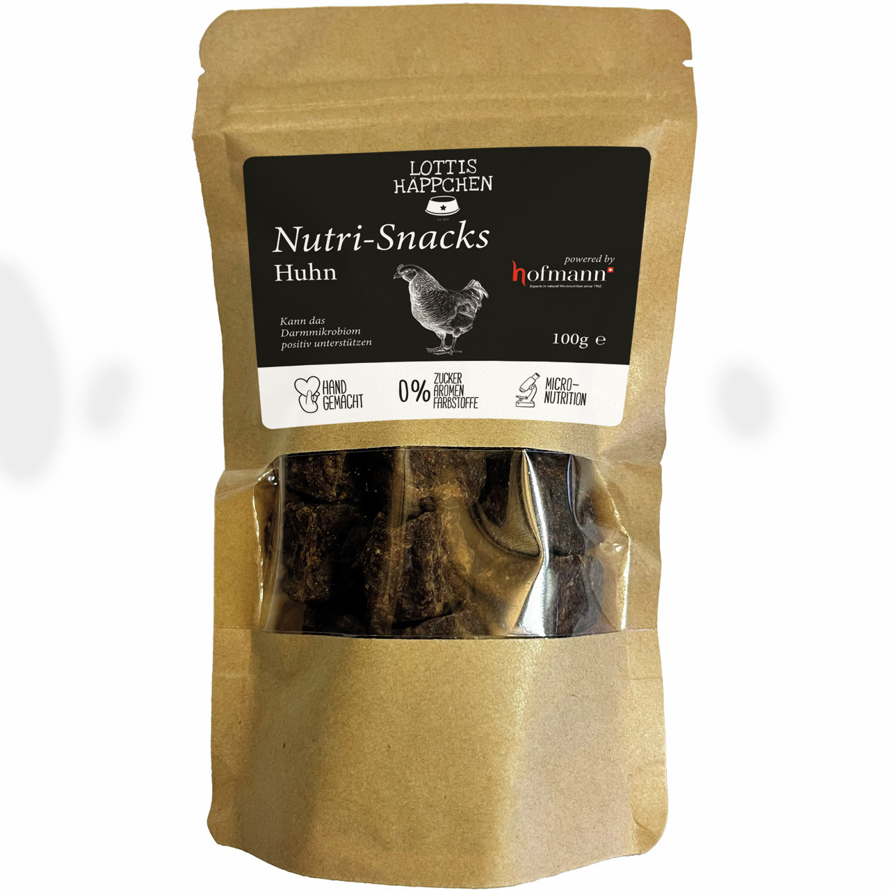 LOTTIS HÄPPCHEN Nutri-Snacks Huhn, Premium-Tierfutter für Hunde, 100 g, handgemacht, ohne Zuckerzusatz, fördert Darmmikrobiom.