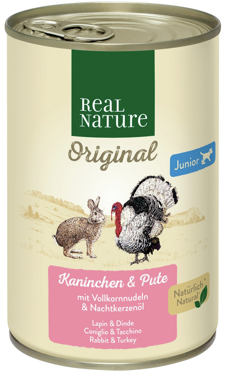 REAL NATURE Original Junior, Hundefutter, Kaninchen & Pute, für junge Hunde, mit Vollkornnudeln & Nachtkerzenöl, 400g.