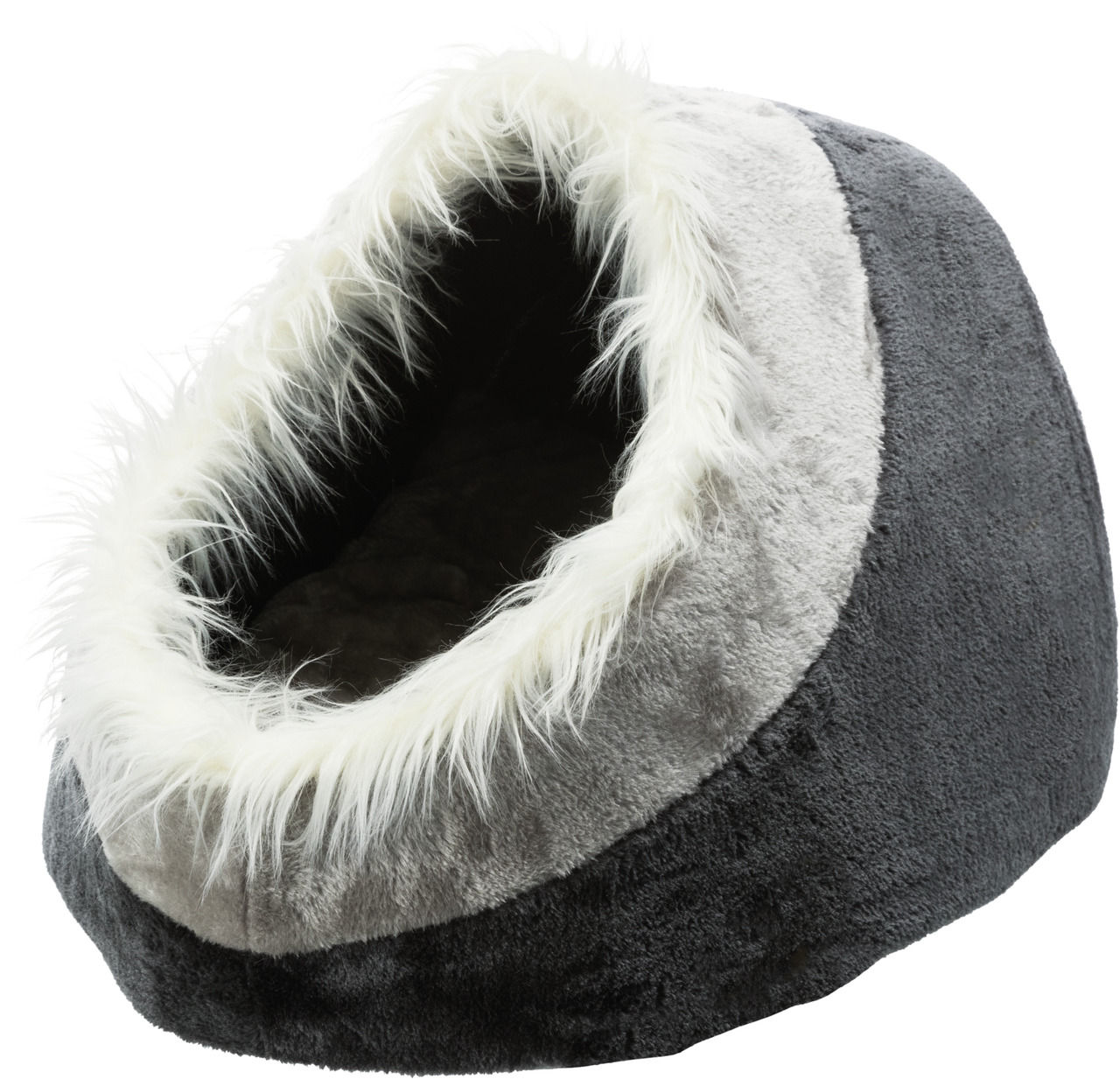 Das Bild zeigt das TRIXIE Kuschelbett für Katzen und kleine Hunde, Modell "Minou". Es ist speziell für Haustiere konzipiert, die einen gemütlichen Rückzugsort suchen. Das Bett hat eine Höhlenform mit einem weichen, grauen Plüschbezug und einem cremefarben