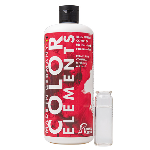 Das Bild zeigt eine Flasche des Produkts „FAUNA MARIN Color Elements“ mit der Geschmacksrichtung „Red/Purple Complex“, das speziell für leuchtend rote Korallen entwickelt wurde. Die Zielgruppe sind Aquarienbesitzer, die Korallen pflegen. Die Flasche enthä