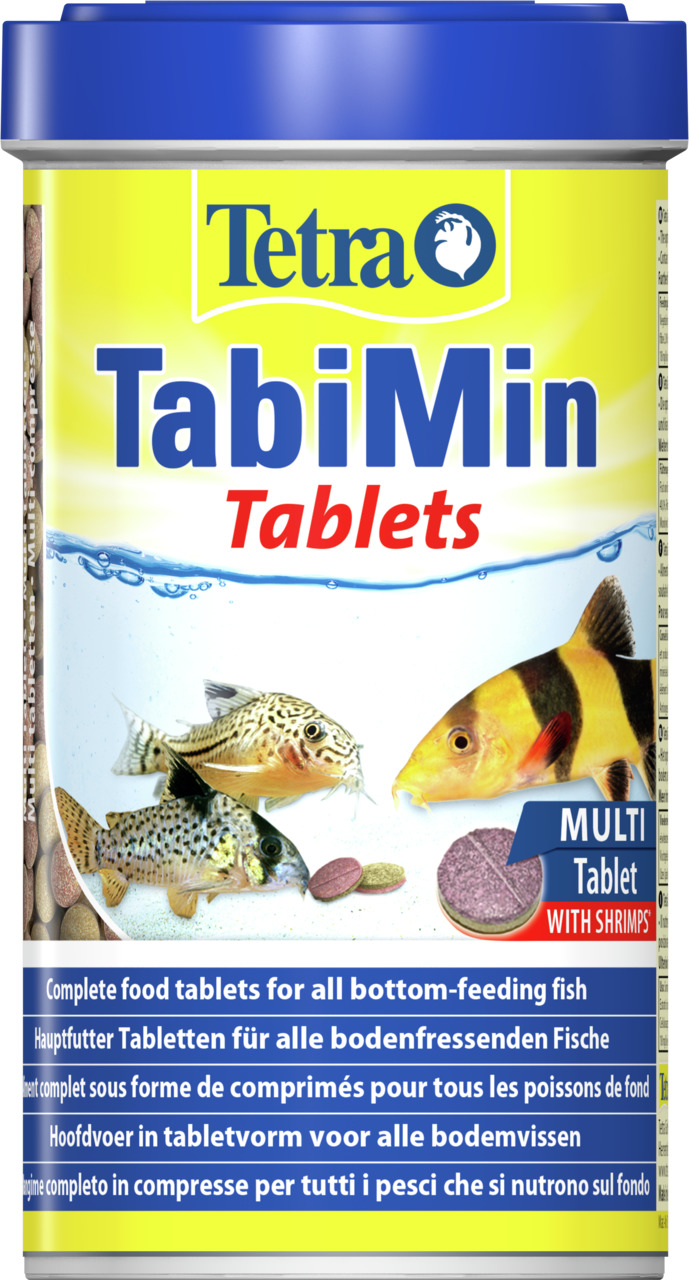 Tetra TabiMin Tablets: Hauptfutter f. bodenfressende Fische, mit Garnelen, Multi-Tablet, gelb-blaue Verpackung.