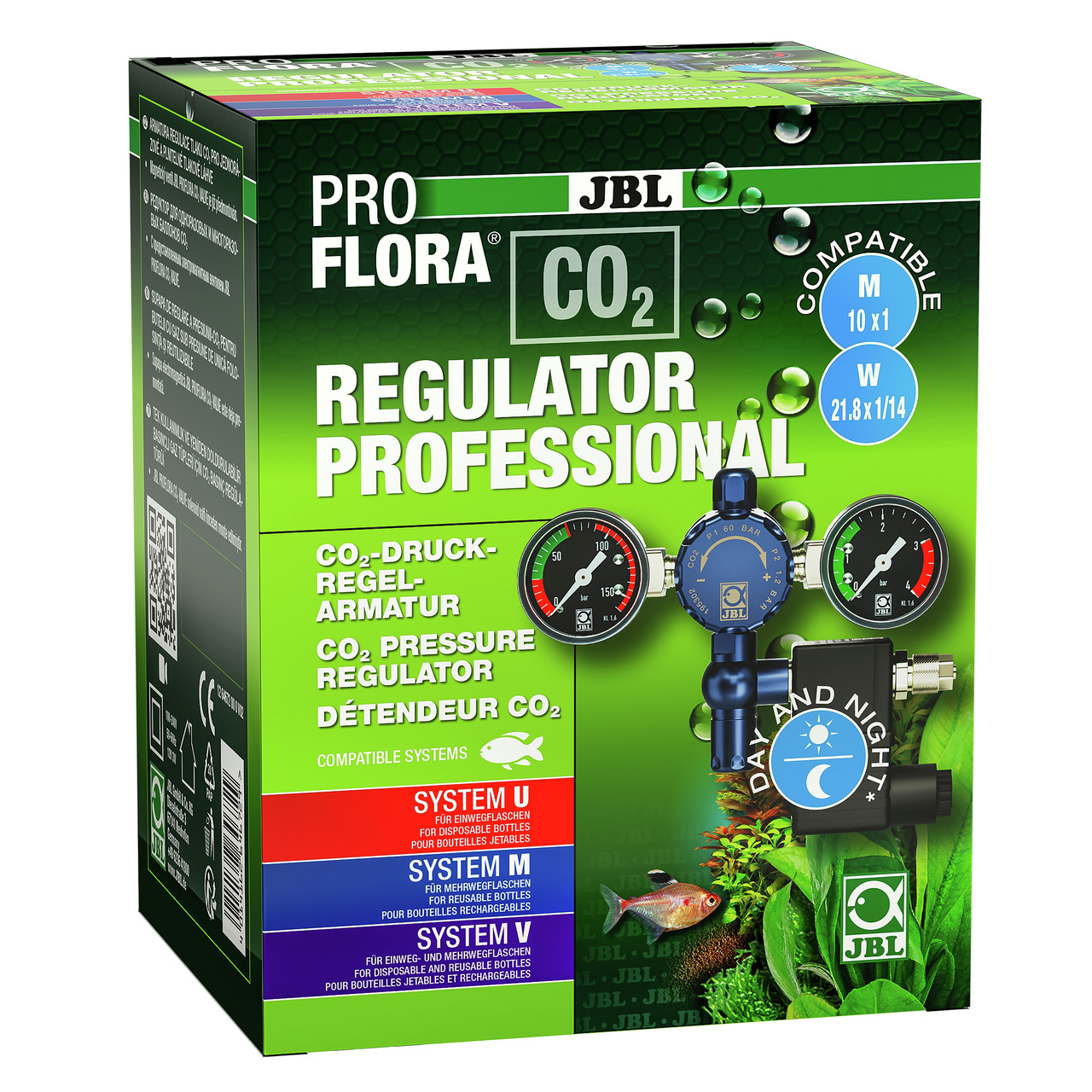 Das Bild zeigt die Verpackung des JBL ProFlora CO2 Regulator Professional, einer CO2-Druckregelarmatur für Aquarien. Zielgruppe sind Aquarienbesitzer, die Pflanzenwachstum fördern möchten. Die Verpackung hebt die Kompatibilität mit System U, M und V hervo