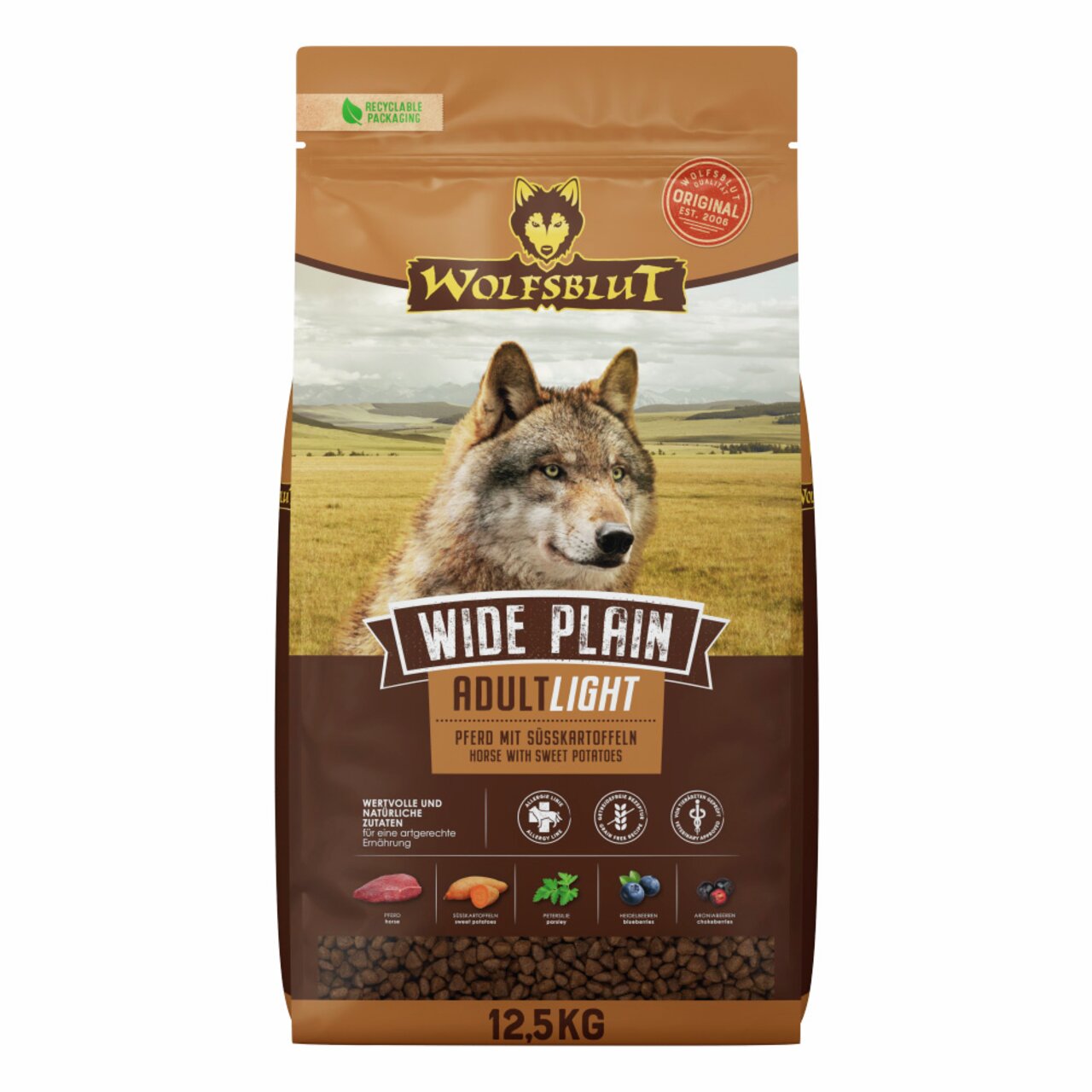 WOLFSBLUT Wide Plain Adult Light Hundefutter mit Pferd und Süßkartoffeln, für erwachsene Hunde, 12,5 kg Beutel.