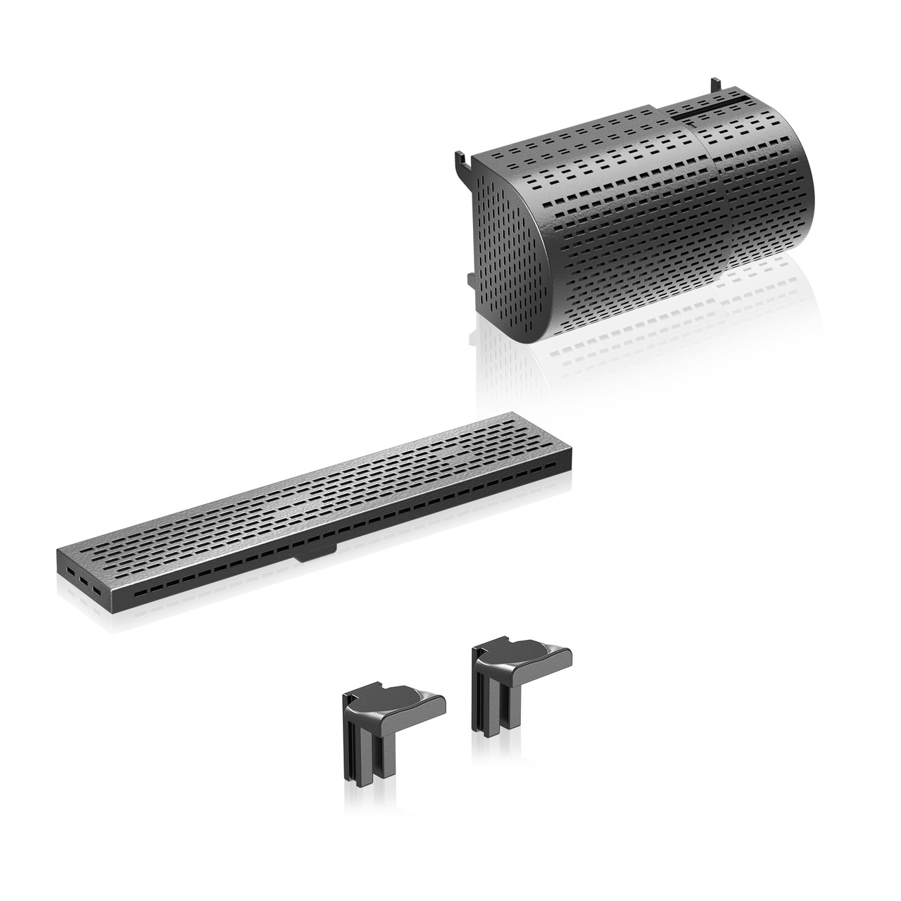 Das Bild zeigt das JUWEL Aquarium Filterabdeckungs-Set, bestehend aus einer schwarzen, perforierten Abdeckung, einer rechteckigen Abdeckung und zwei Halterungen. Es ist für Aquarienbesitzer geeignet und dient zur sicheren Abdeckung des Filtersystems. Die 