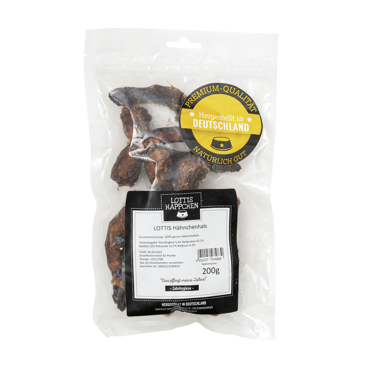 LOTTIS HÄPPCHEN Hähnchenhals für Hunde, 200 g, 100 % Fleisch, Premium-Qualität, hergestellt in Deutschland, zur Zahnpflege.
