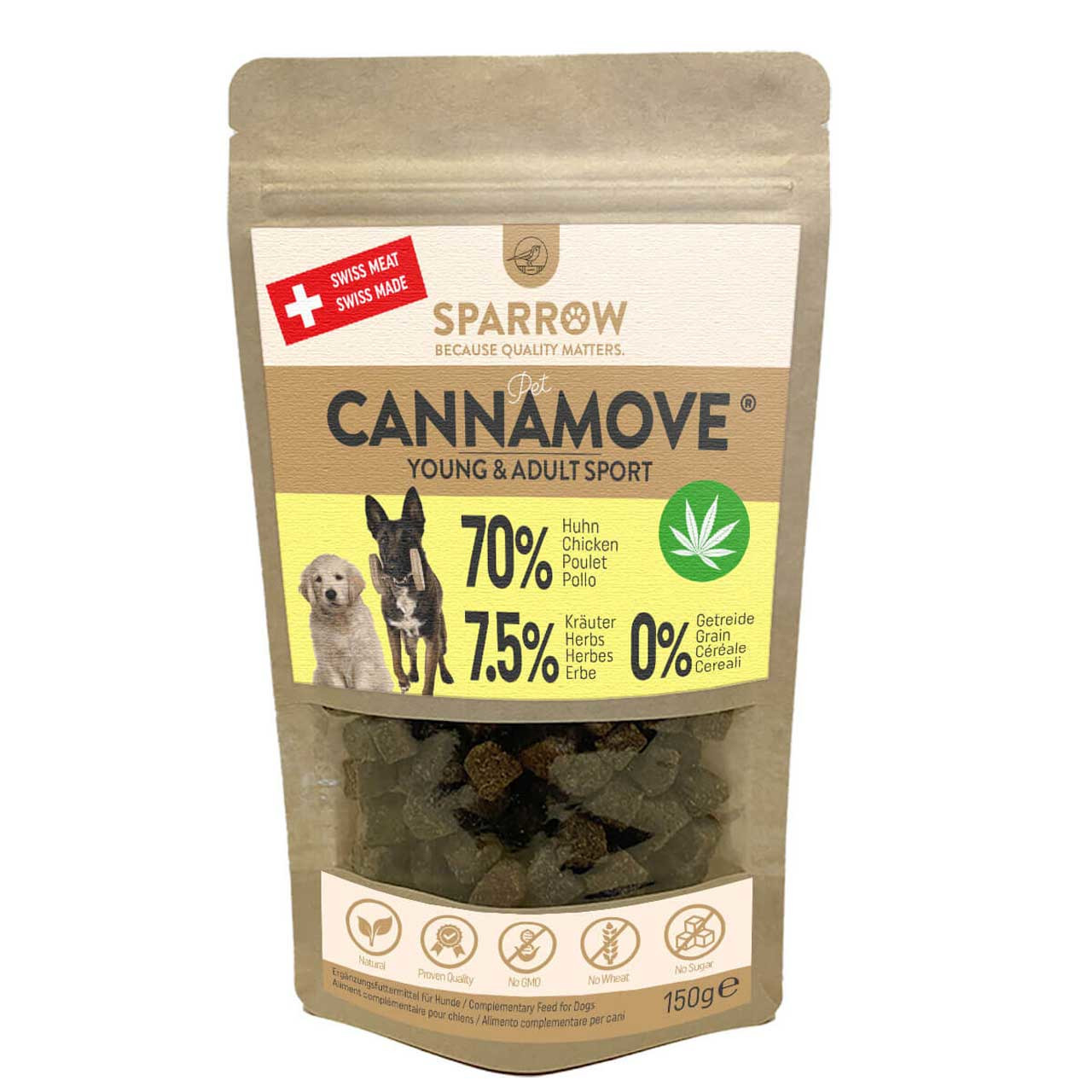 Sparpaket 2 x 200 g Sparrow CannaMove Young & Adult Sport 70% Chicken with Hemp Hunde Snack