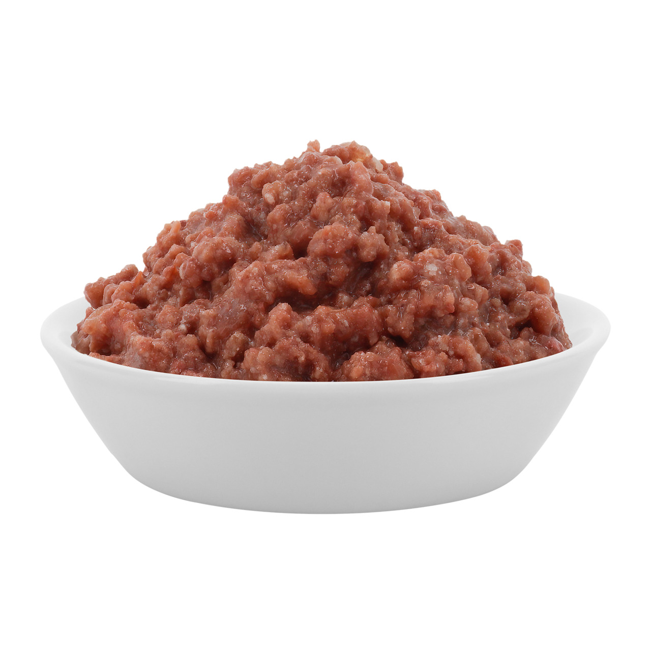 Eine weiße Schale, gefüllt mit Lucky Lou Nassfutter für Hunde, Geschmacksrichtung Rind. Das Futter ist fein zerkleinert und hat eine saftige, fleischige Konsistenz. Geeignet für ausgewachsene Hunde, bietet es eine hochwertige Proteinquelle. Verpackungsgrö