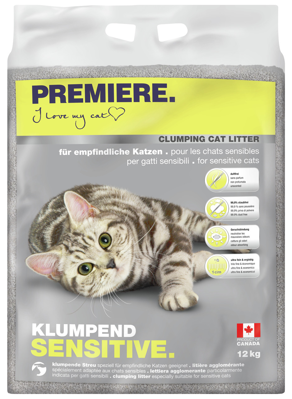 PREMIERE „Klumpend Sensitive“ Katzenstreu, für empfindl. Katzen, duftfrei, 99,9 % staubfrei, ergiebig, 12 kg.