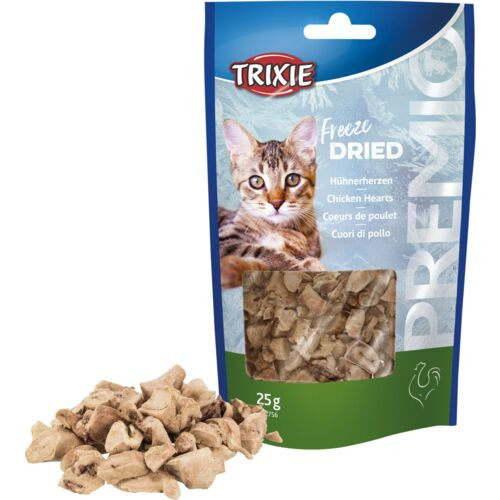 TRIXIE Premio Freeze Dried Hühnerherzen, Snack für Katzen, 25 g, gefriergetrocknet, Hühnerherzen, mit Katzenmotiv.