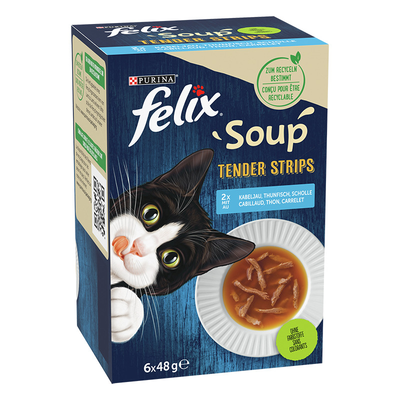 Purina Felix Soup Tender Strips, Katzenfutter, Kabeljau/Thunfisch/Scholle, ohne künstl. Farbstoffe, 6 x 48 g.