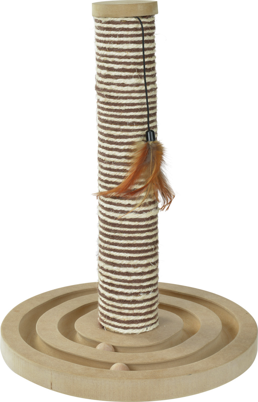 Kratzsäule AniOne für Hauskatzen, Sisal, Feder-Spielzeug, Holzsockel mit Kugeln, ideal zur Krallenpflege & Beschäftigung.