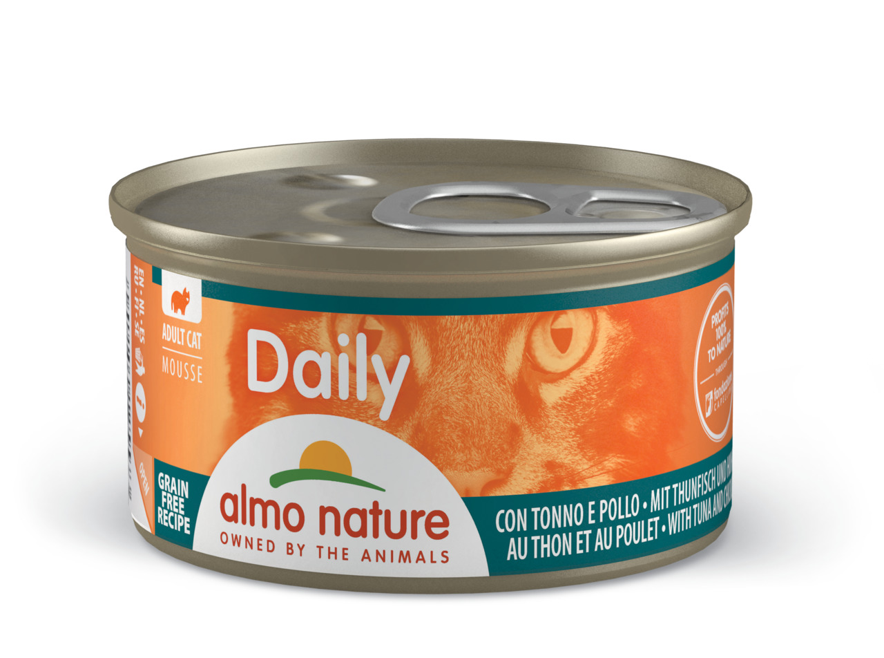 Almo Nature Daily, Mousse Thunfisch & Huhn, 85 g, für ausgewachsene Katzen, getreidefrei, "Owned by the Animals".