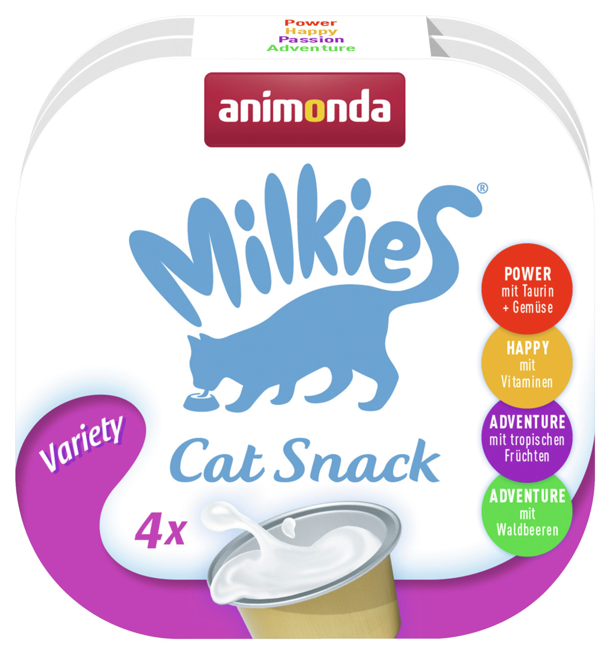 animonda Milkies Cat Snack Variety: Katzensnack, 4 Portionen (Power, Happy, Adventure), mit Taurin, Vitaminen, Früchten & Waldbeeren.
