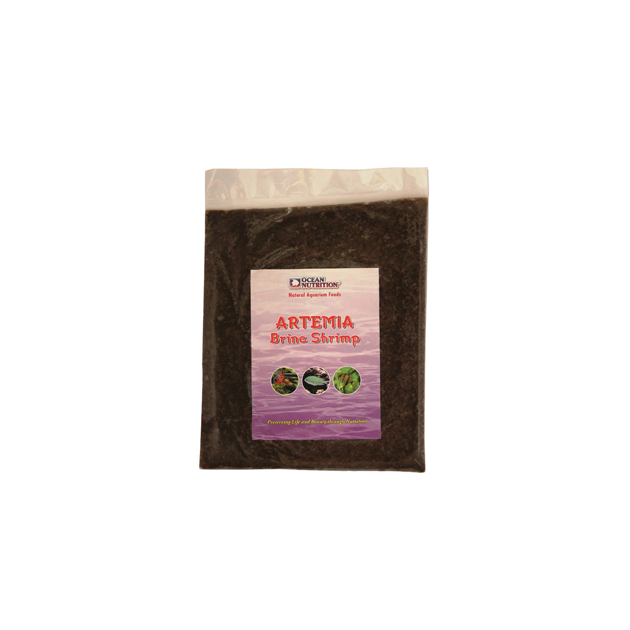Ocean Nutrition Artemia Brine Shrimp, Fischfutter für Aquarienbewohner, violette Verpackung mit Fisch--Pflanzenbildern, Menge unklar.