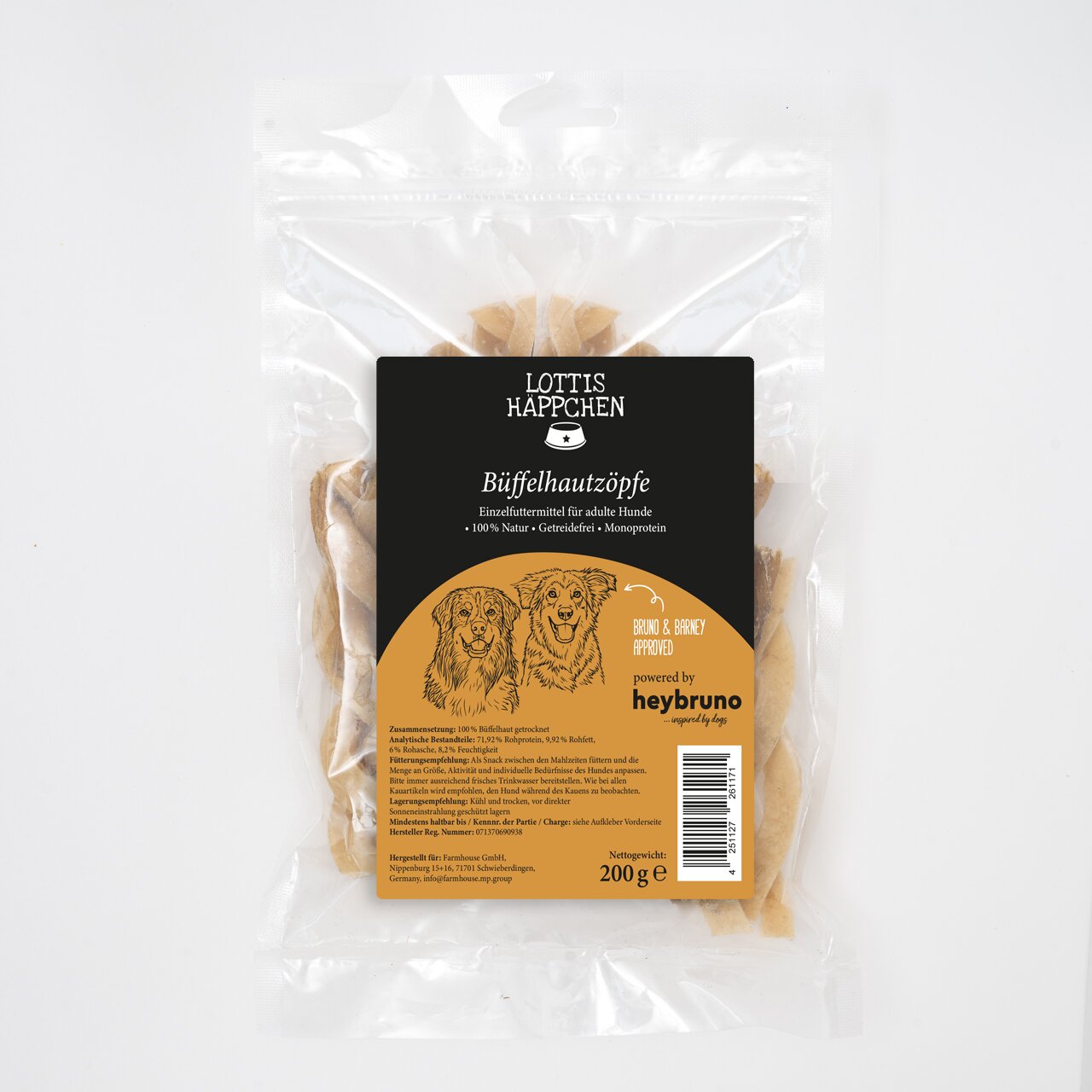 LOTTIS HÄPPCHEN Büffelhautzöpfe für adulte Hunde, Monoprotein, getreidefrei, 100% Natur, Runo & Brixey approved, 200 g