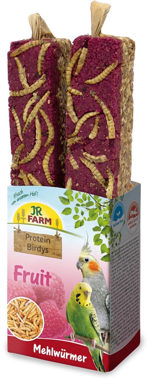 JR FARM Protein Birdys Fruit für Ziervögel: 2 Frucht-Sticks mit Mehlwürmern, proteinreich, getreidefrei, Inhalt: 2 Stück.