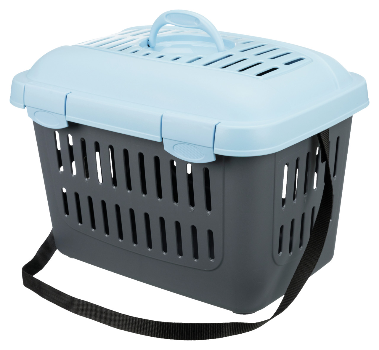 TRIXIE Transportbox Capri, für kl. Hunde, Katzen & Kleintiere, robust, grau/hellblau, mit Lüftung, Griff & Gurt, ideal für Reisen.