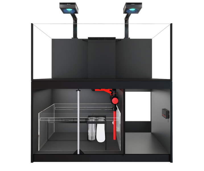 Das Bild zeigt das Red Sea Reefer 3XL 900 Aquarium-System, ein hochwertiges Meerwasseraquarium für erfahrene Aquarianer. Es umfasst ein modernes, randloses Design mit einem geräumigen Unterschrank und einem integrierten Filtersystem. Zwei LED-Leuchten sor