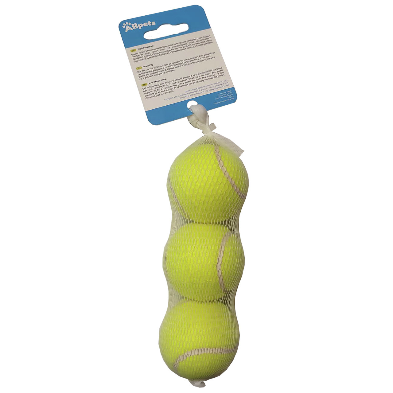Allpets Tennisbälle für Hunde, 3 Stk. im weißen Netz, ideal zum Spielen & Apportieren, inkl. blauer Karte mit Infos.
