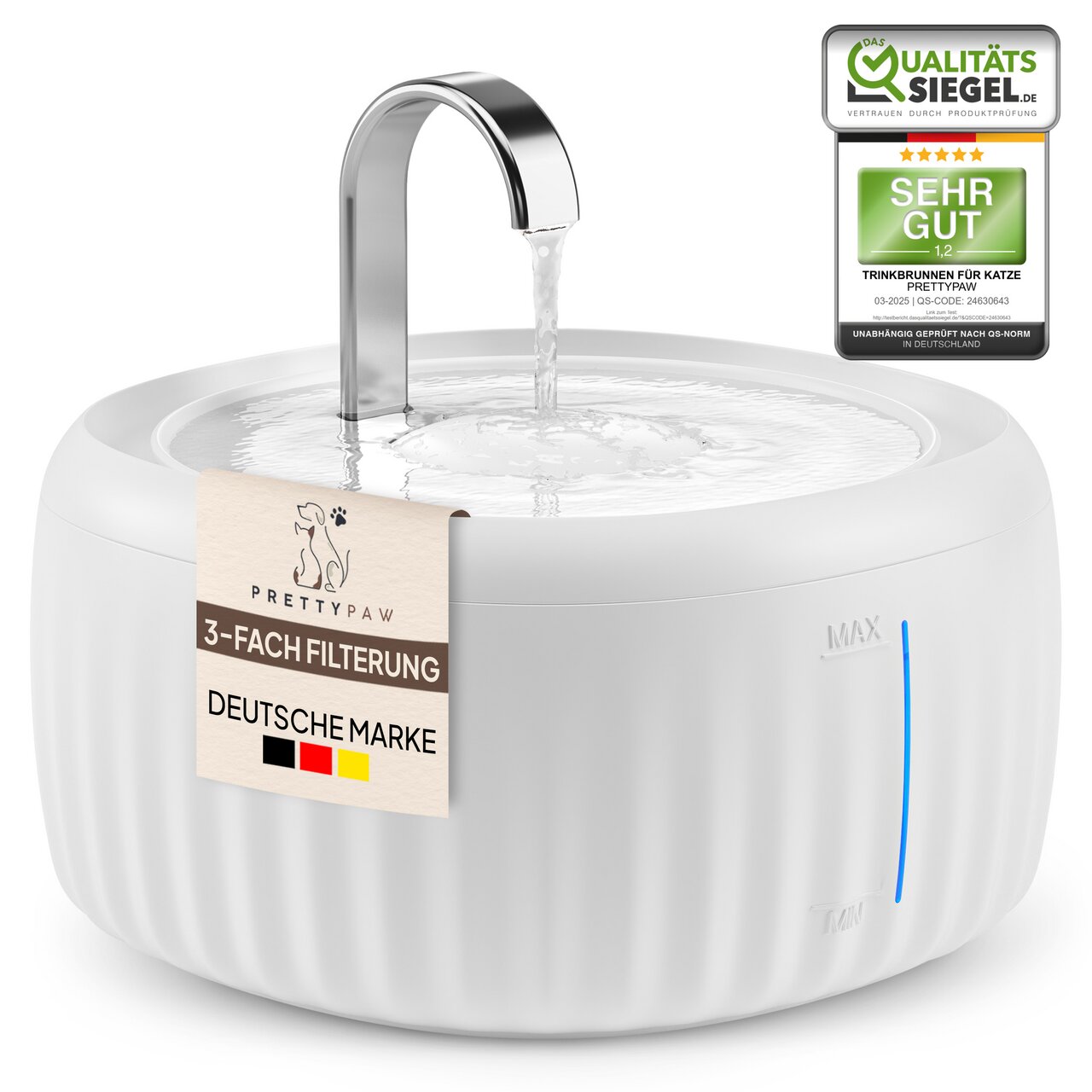 PRETTY PAW Trinkbrunnen für Katzen, weiß, 3-fach-Filter, Edelstahl-Auslauf, Qualitätssiegel "Sehr gut", Wasserstand markiert.
