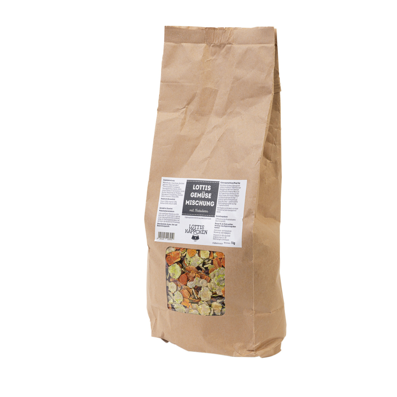Lottis Häppchen „Lottis Gemüse Mischung mit Kräutern“ für Hunde, getr. Gemüse & Kräuter, 1 kg, bunte Mischung sichtbar.