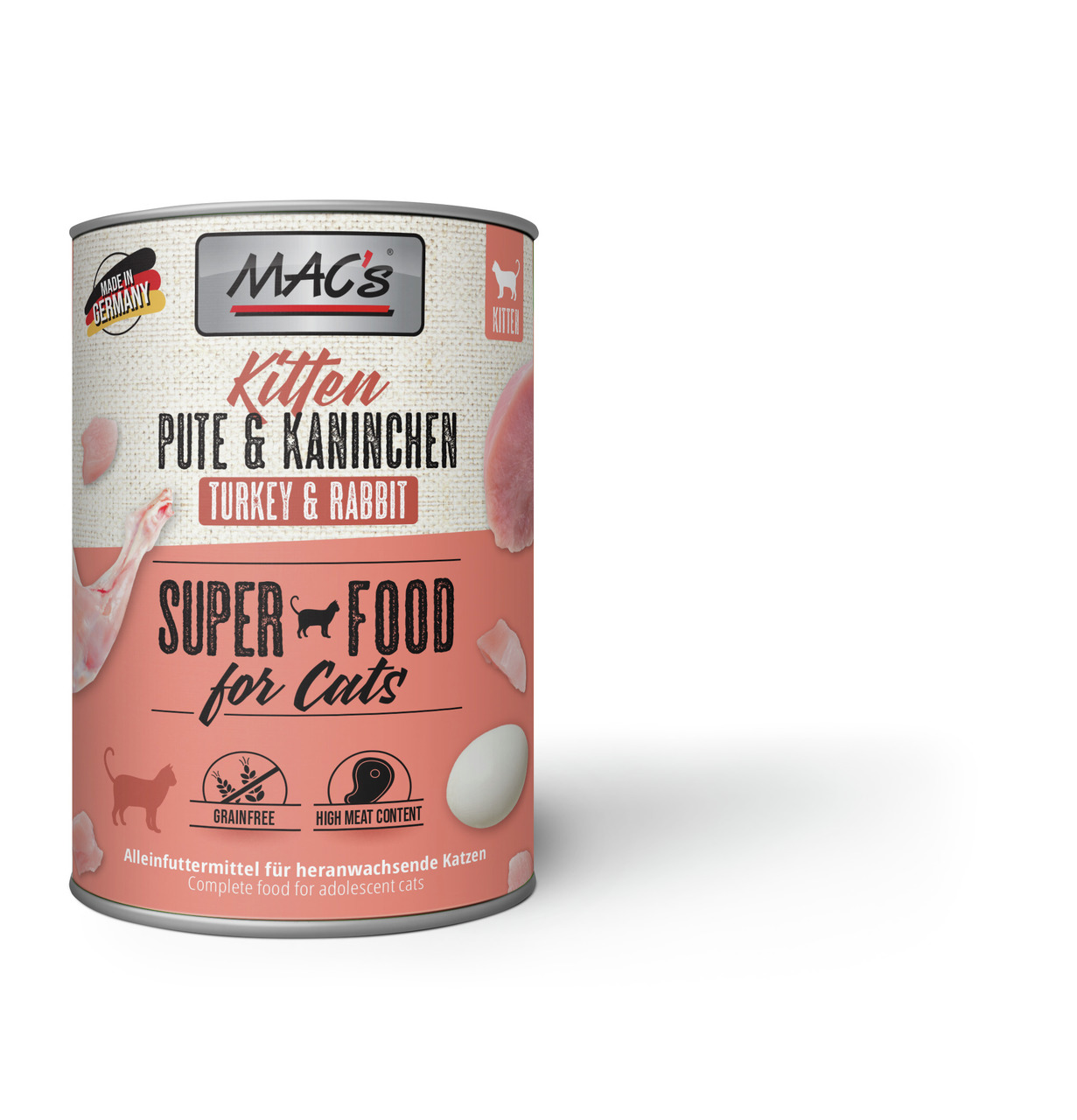 MAC's Katzenfutter Pute & Kaninchen, für heranwachsende Katzen, getreidefrei, hoher Fleischanteil, 400 g, „Super Food for Cats“.