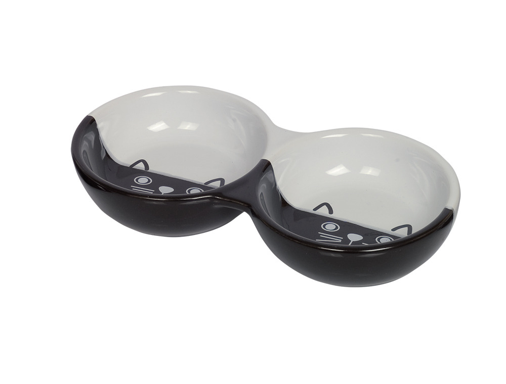 Nobby Doppelfutternapf für Katzen, 2 schwarze Keramikschalen mit Katzengesicht-Design, ideal für Trocken-/Nassfutter o. Wasser.