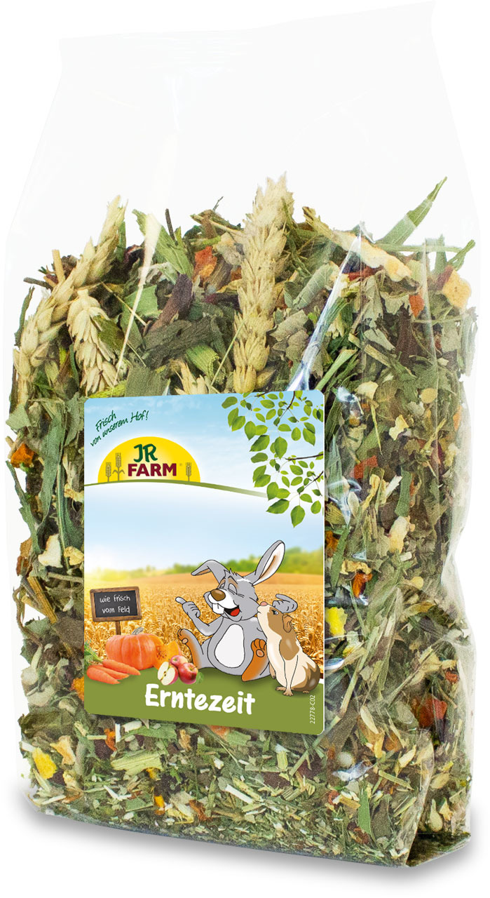 JR FARM Erntezeit, Futtermischung für Kaninchen & Meerschweinchen, mit Kürbis, Getreideähren & Gemüse, „wie frisch vom Feld“.