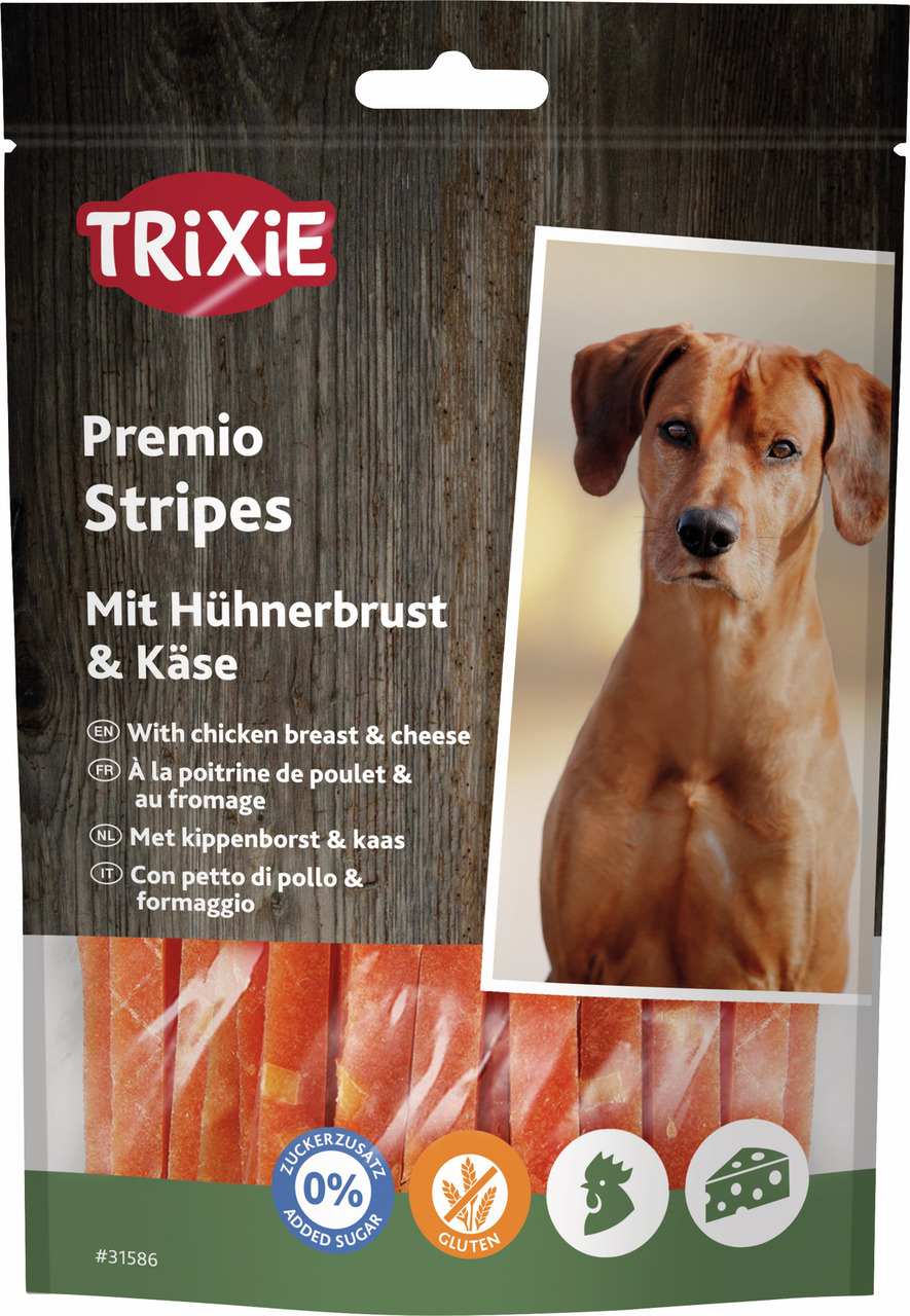 TRIXIE Premio Stripes: Hundesnacks mit Hühnerbrust & Käse, glutenfrei, ohne Zucker, 100 g, für Hunde, Qualität & Inhaltsstoffe betont.