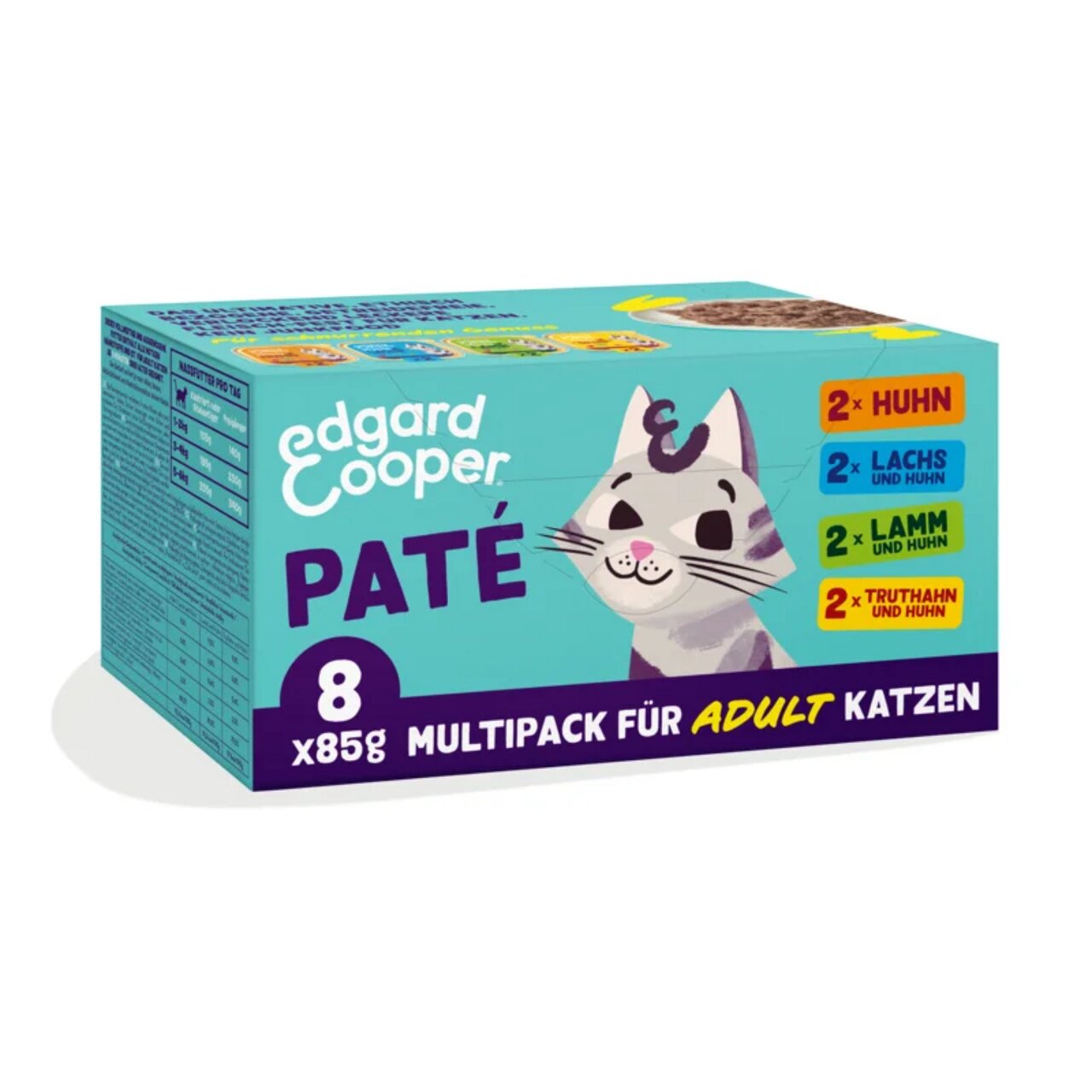 Edgard & Cooper Paté Multipack für ausgewachsene Katzen, Sorten Huhn, Lachs, Lamm und Truthahn, 8 x 85 g.