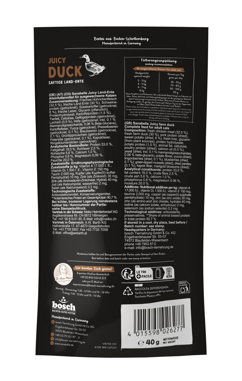 Sanabelle Juicy Land-Ente von Bosch: Alleinfutter f. erw. Katzen, Geschmack saftige Land-Ente, 400 g, mit frischem Entenfleisch.