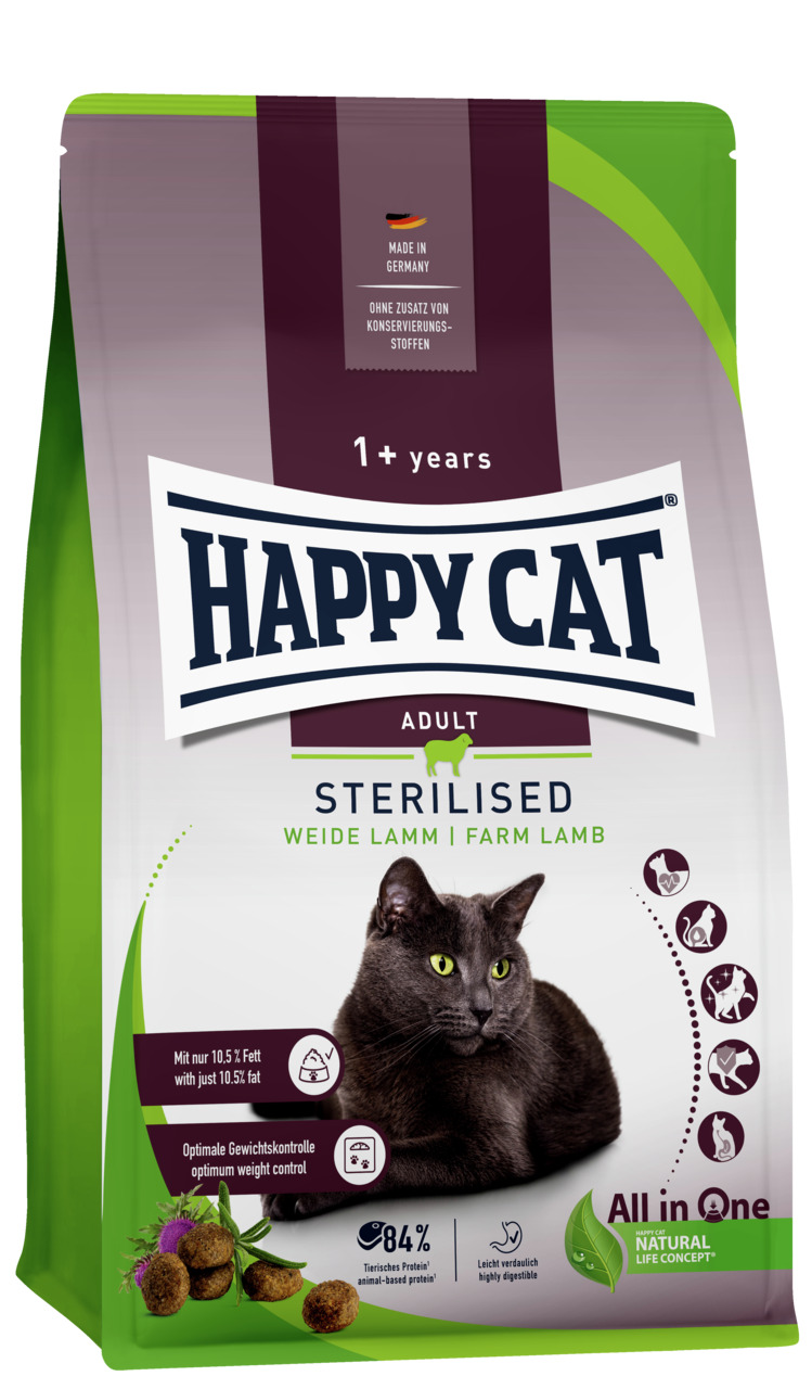HAPPY CAT Adult Sterilised Weide Lamm, für sterilisierte Katzen ab 1 J., Weidelamm, 10,5 % Fett, Gewichtskontrolle, 84 % tier. Protein.