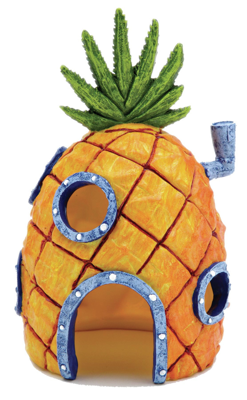 Keramik-Aquariendekoration von Penn-Plax in Form einer Ananas, inspiriert von der Serie „SpongeBob Schwammkopf“. Geeignet für Aquarienliebhaber und Fans der Serie. Detailreich gestaltet mit grünen Blättern, blauen Fenstern und einer Tür. Maße und Gewicht 