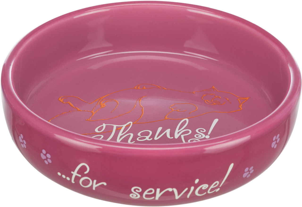 Rosa Futternapf der Marke TRIXIE mit der Aufschrift „Thanks! …for service!“ und einer Illustration einer Katze im Inneren. Geeignet für Katzen als Zielgruppe. Der Napf besteht aus Keramik und ist robust sowie leicht zu reinigen. Perfekt für Futter oder Wa