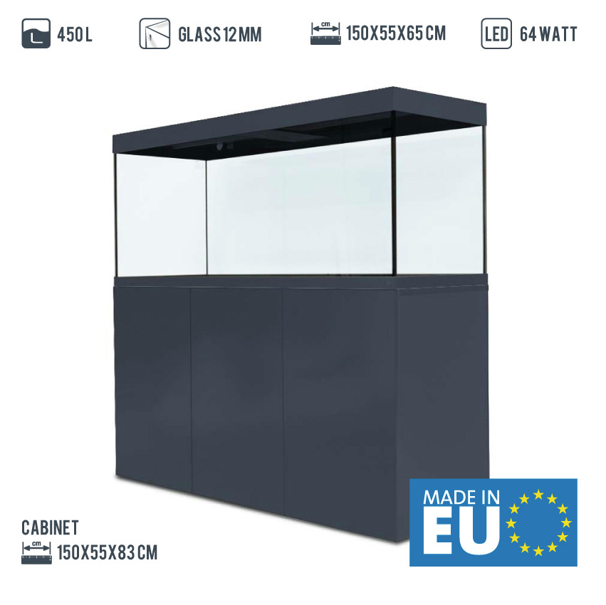 Amtra Aquarium-Set, 450 L, 12 mm Glas, LED 64 W, inkl. Unterschrank (150x55x83 cm), Maße Aquarium: 150x55x65 cm, hergestellt in der EU.