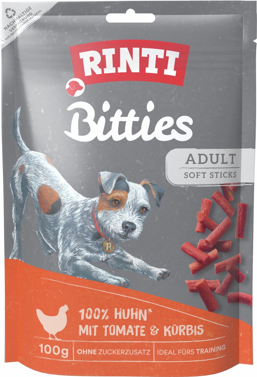 RINTI Bitties Adult Soft Sticks, Hundesnacks, Huhn mit Tomate & Kürbis, 100 g, ohne Zuckerzusatz, ideal fürs Training, nachhaltig.