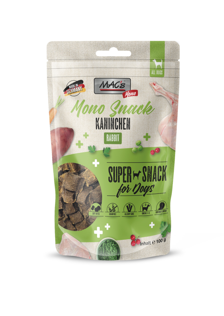 MAC's Mono Snack Kaninchen, 100 g, getreidefreier Hundesnack für alle Hunde, weich, allergikerfreundlich, mit Omega-3-6, Kaninchen.
