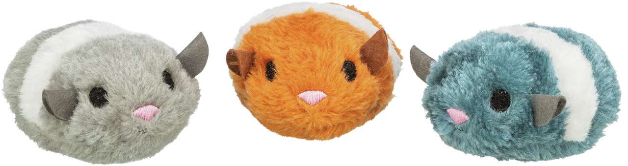 TRIXIE Plüsch-Spielzeuge, Meerschweinchen, für Katzen, Farben Grau-Orange-Blau, weiches Fell, rosa Nasen, fördern Spieltrieb.
