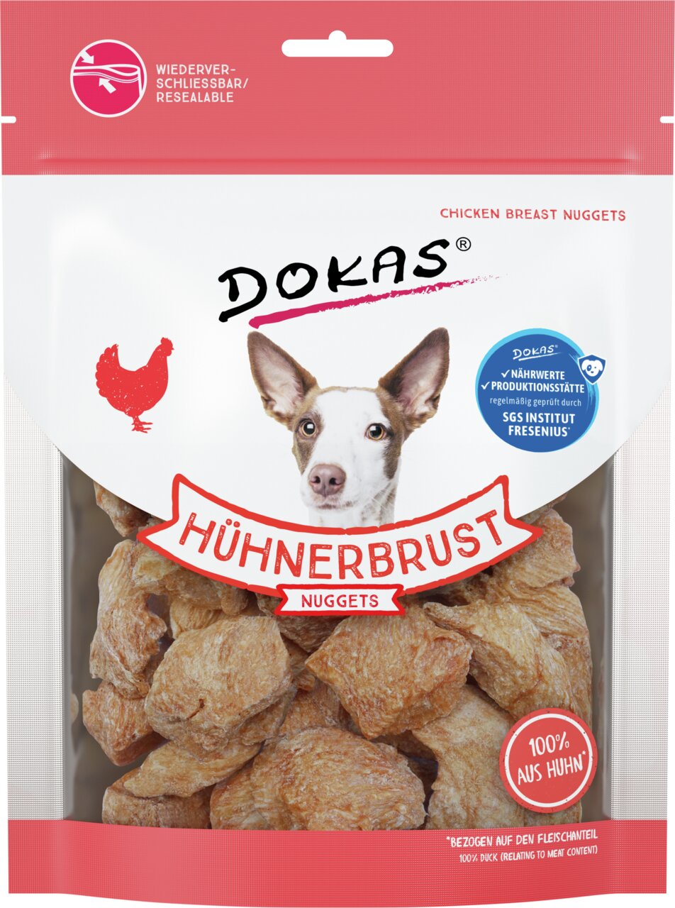 DOKAS Hühnerbrust Nuggets für Hunde: Huhn, 100 % Hühnerfleisch, wiederverwendbare Verpackung, geprüft von SGS, Inhalt sichtbar.