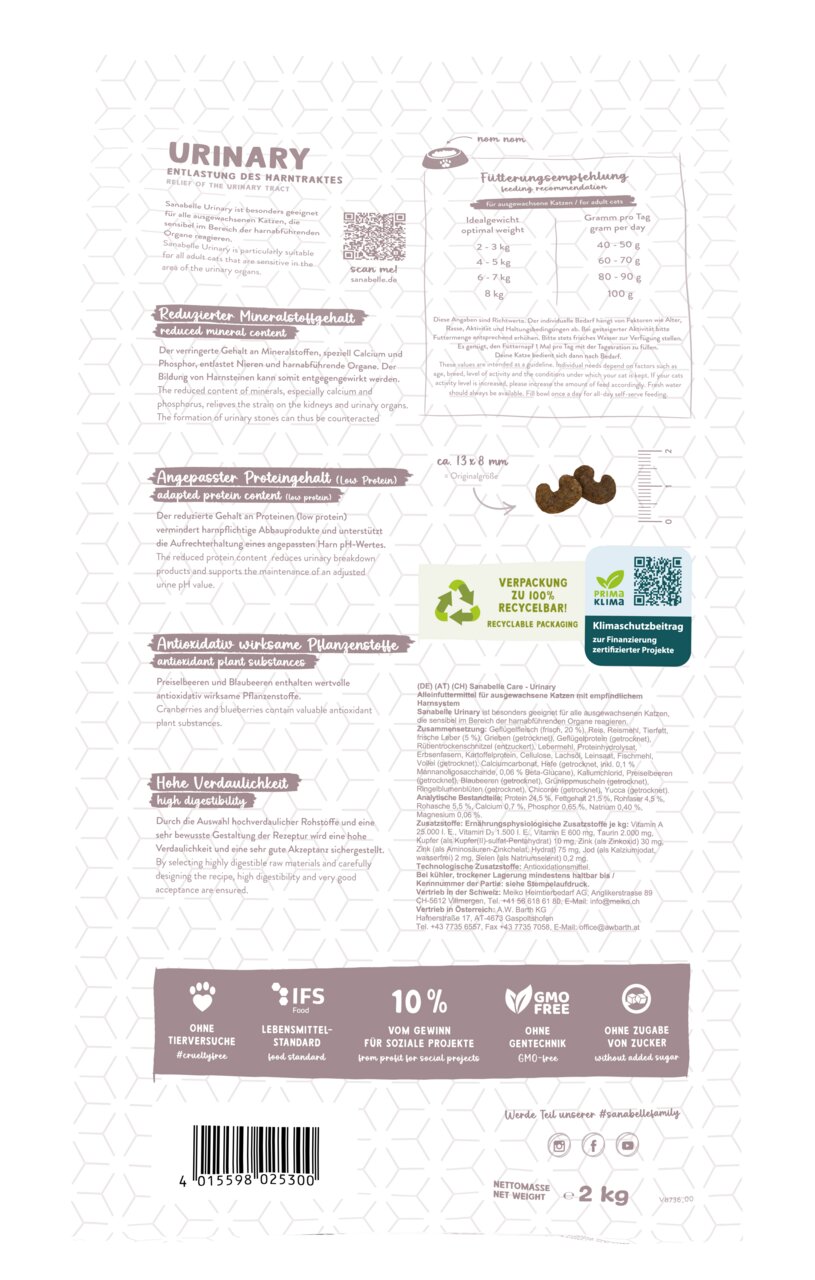Sanabelle Urinary Trockenfutter, 2 kg, für ausgewachsene Katzen mit empfindl. Harntrakt, Cranberries, recycelbare Verpackung.
