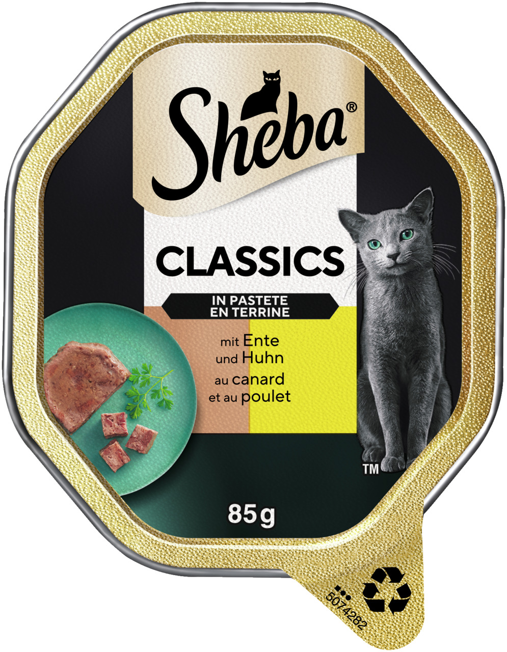 Sheba Classics in Pastete, Katzenfutter, Ente & Huhn, 85 g, zarte Pastete für Katzen, Abbildung: grüner Teller & schwarzer Katzenkopf.
