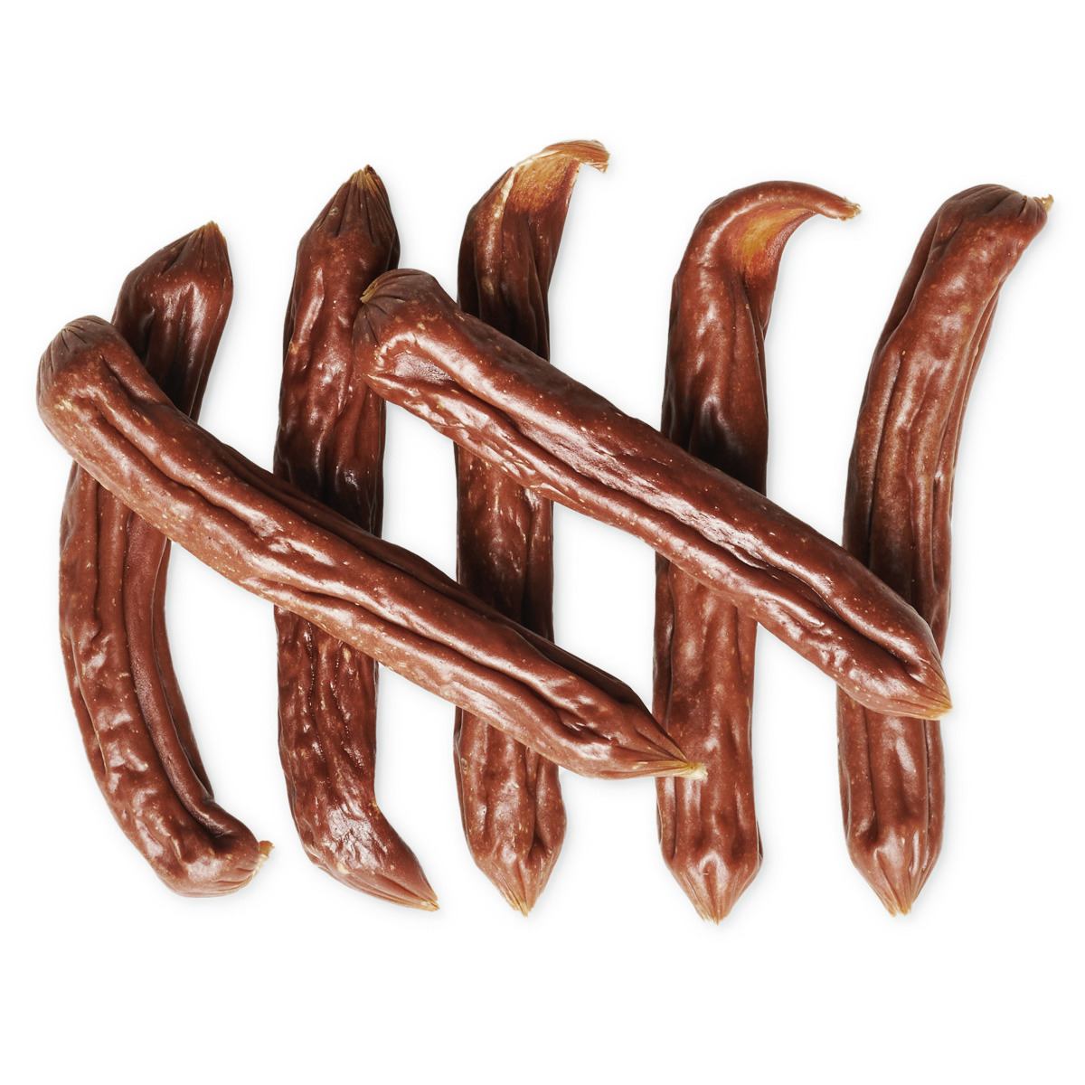 Lottis Häppchen Hundesnacks, braune Stangen, fleischige Textur, Belohnung zwischendurch, ohne Mengenangabe.